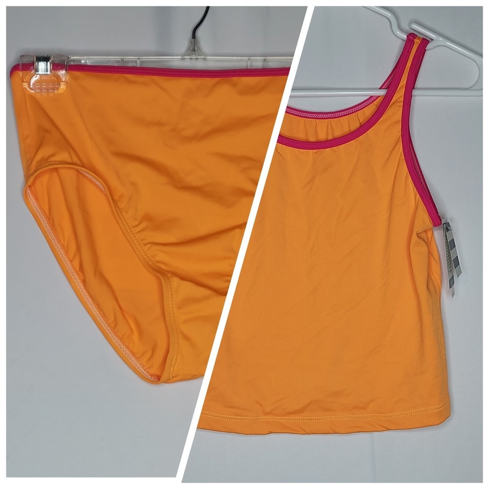 Lands End Swimsuit Girls 16 Tankini Two-Piece Set Orange Pink Stretch Scoop Neck